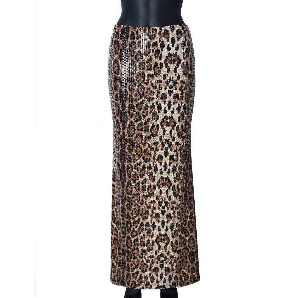 Stunning Leopard Print Sequin Maxi Fishtail Skirt