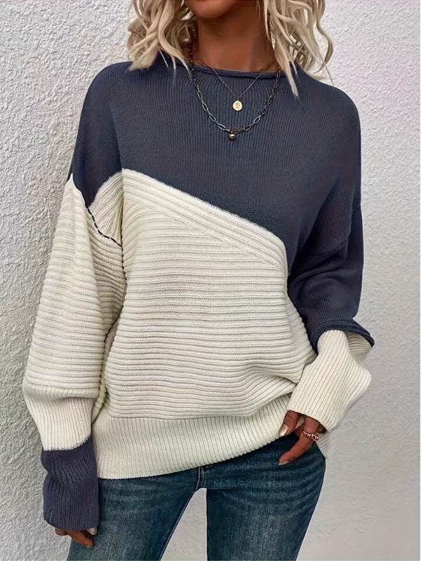 Chic Color Block Knitted Pullover Sweater Cozy Everyday Style