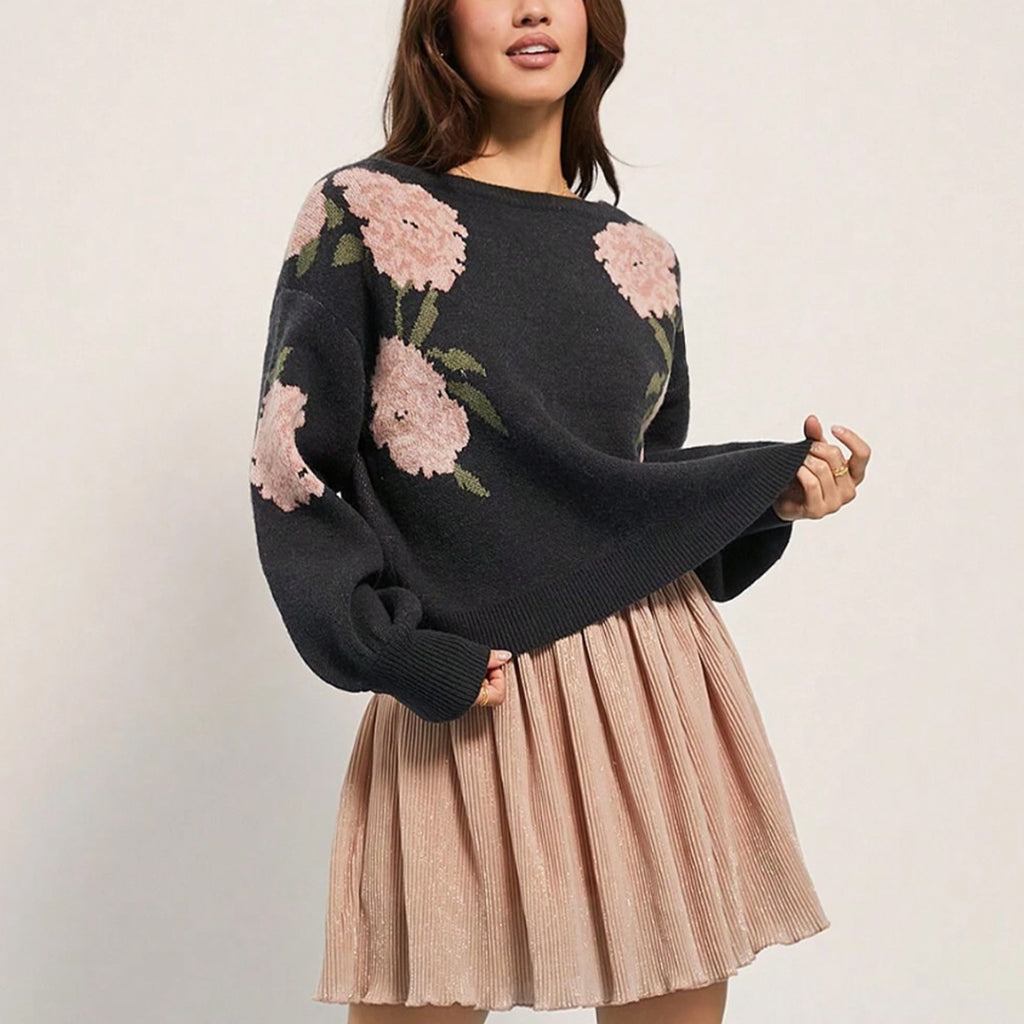 Loose Off Shoulder Floral Jacquard Pullover Sweater for Everyday Comfort
