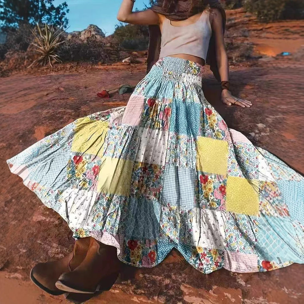 Vibrant Floral Patchwork Tiered Bohemian Maxi Skirt