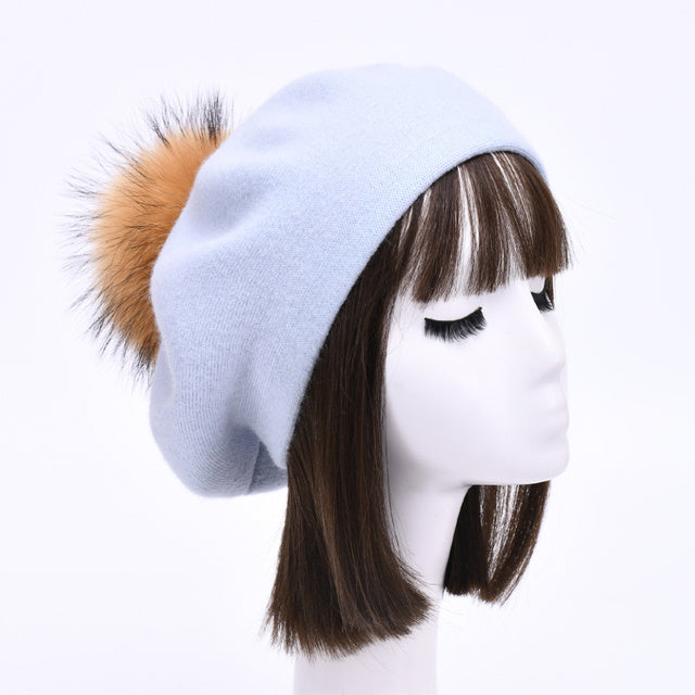 Women's Wool Beret with Real Raccoon Fur Pom Pom