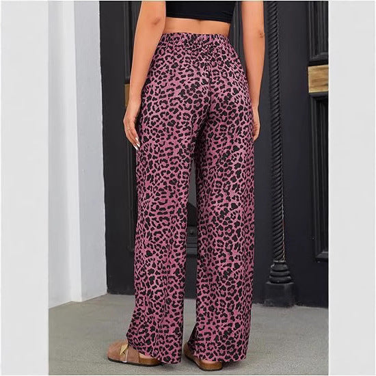 Chic Leopard Print Elastic Waist Wide Leg Trousers for Effortless Style
