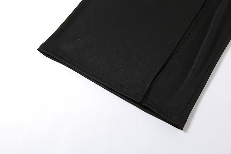 Edgy High Waisted Slim Fit Black Midi Skirt with Daring Side Slit and Safety Pin Detail