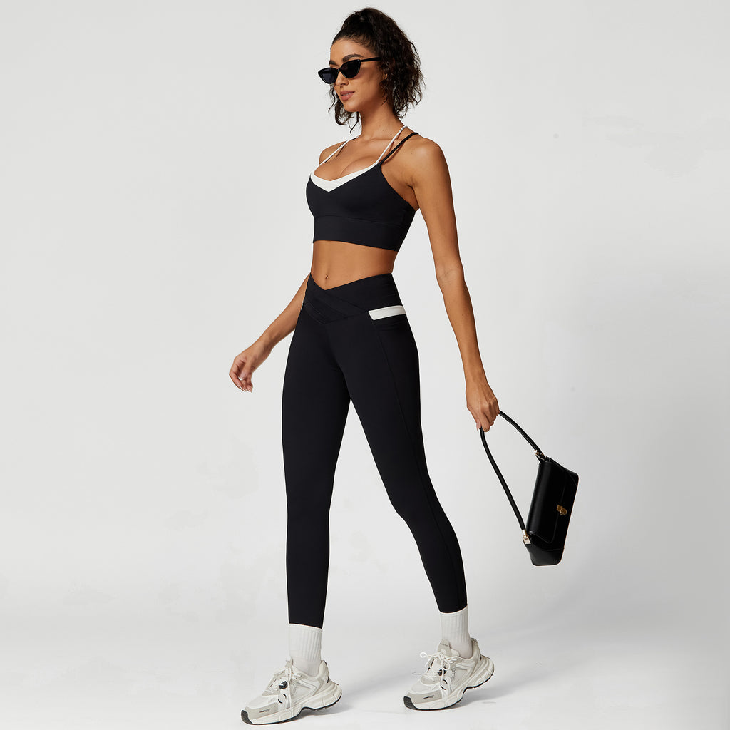 Dynamic Color Block Sports Bra and High Waist Crossover Yoga Leggings