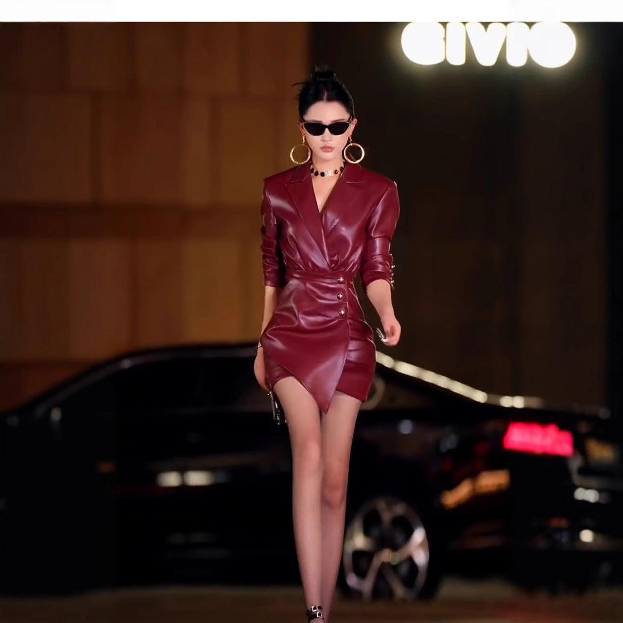 Elegant Red Faux Leather Blazer Mini Dress with Structured Shoulders