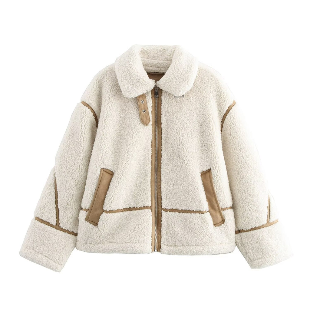 Chic Street Style Faux Shearling Patchwork Warm Zip Up Jacket