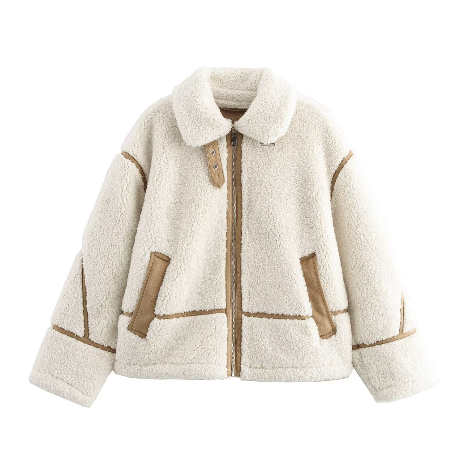 Chic Street Style Faux Shearling Patchwork Warm Zip Up Jacket