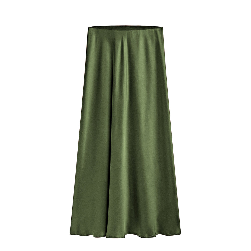 Elegant High Waist Elastic Split Midi Skirt with Lustrous Finish