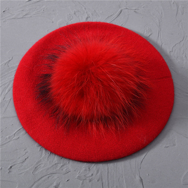 Women's Wool Beret with Real Raccoon Fur Pom Pom