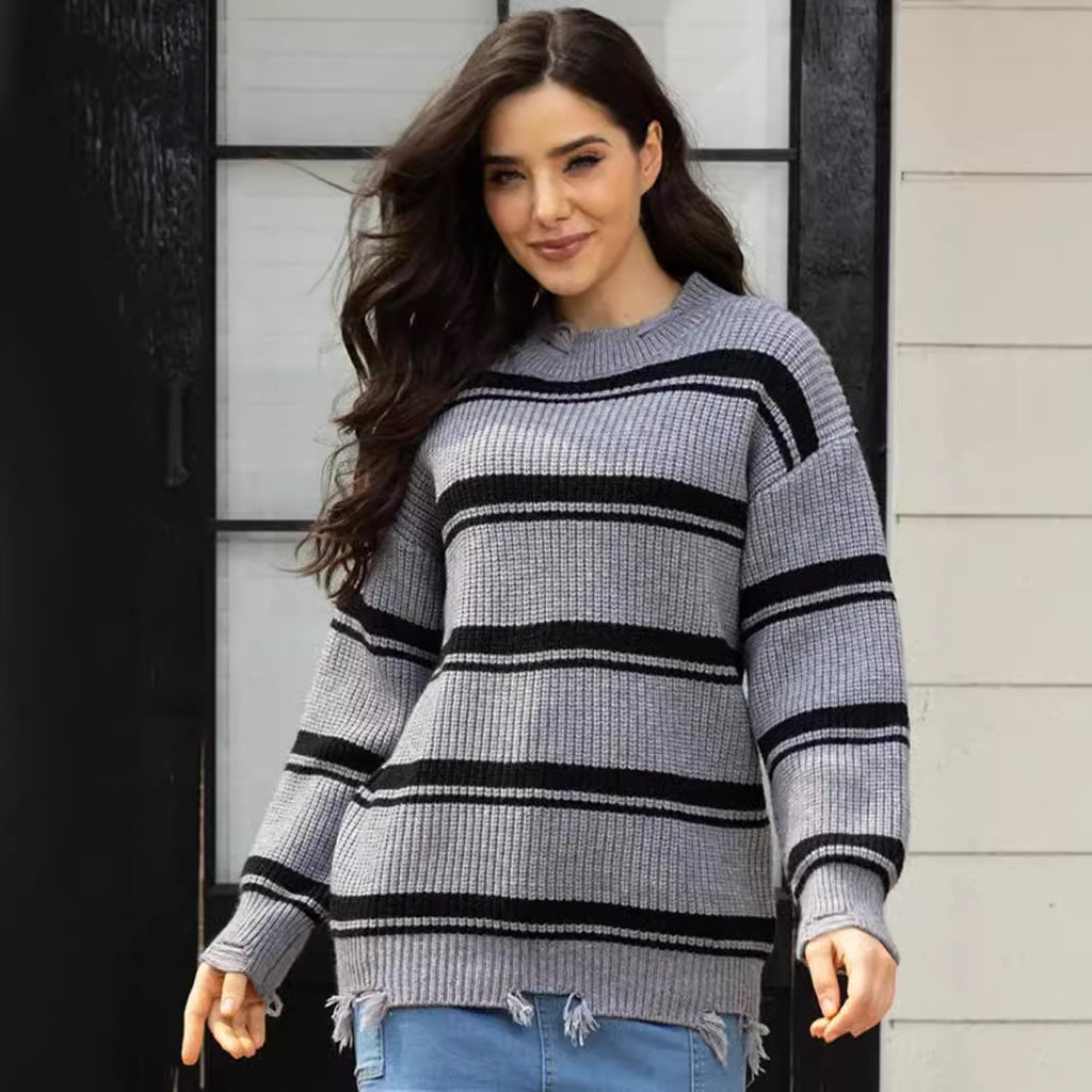 Cozy Striped Loose Knit Pullover Sweater with Round Neckline