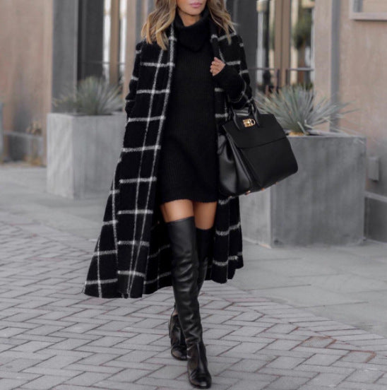 Women's Elegant Plaid Longline Trench Coat - Chic & Versatile Outerwear