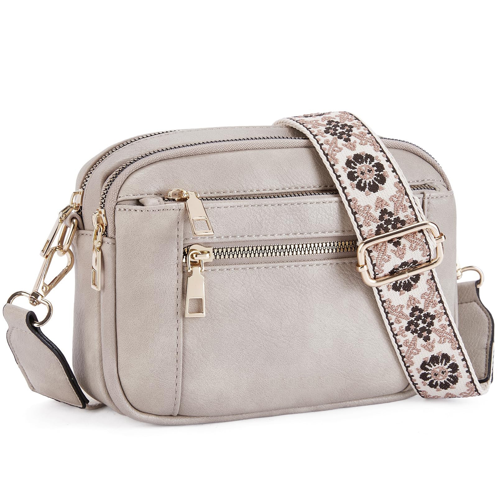 Chic Triple-Zipper Crossbody Bag with Floral Strap - Multi-functional