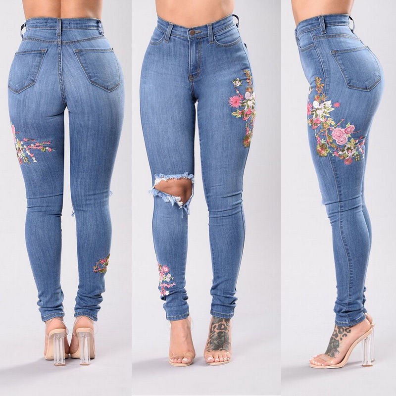 Chic Floral Embroidered High-Waist Skinny Jeans