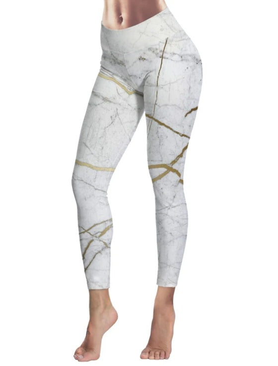 Stylish High Waist Marble Print Leggings with Golden Vein Detail