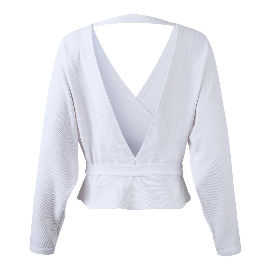 Elegant V-Neck Crossover Knit Wrap Top with Tie Waist
