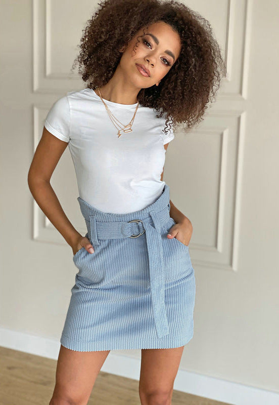 Chic High Waisted Corduroy A Line Mini Skirt with D Ring Belt and Pockets
