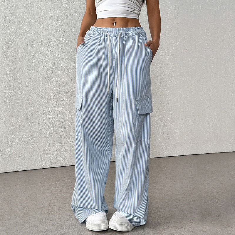 Comfortable Striped High Waist Wide Leg Cargo Trousers