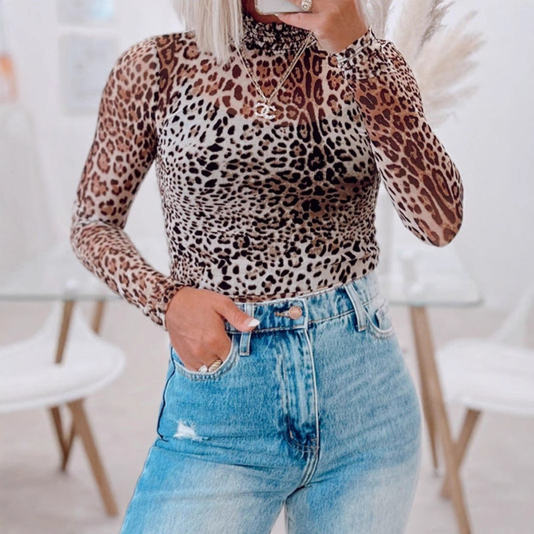 Chic Leopard Print Mesh Long Sleeve Turtleneck Top