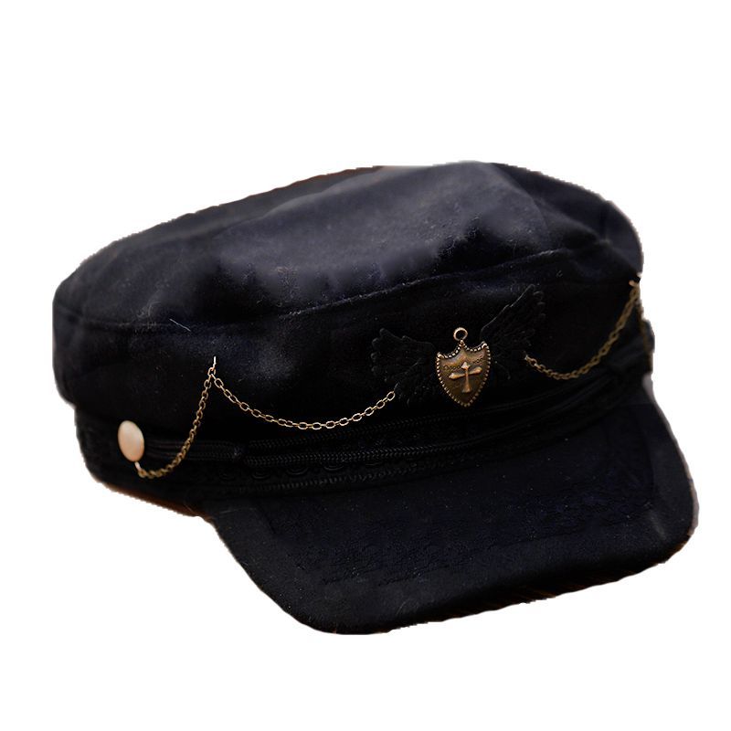 Chic Black Beret with Wing & Chain Accent