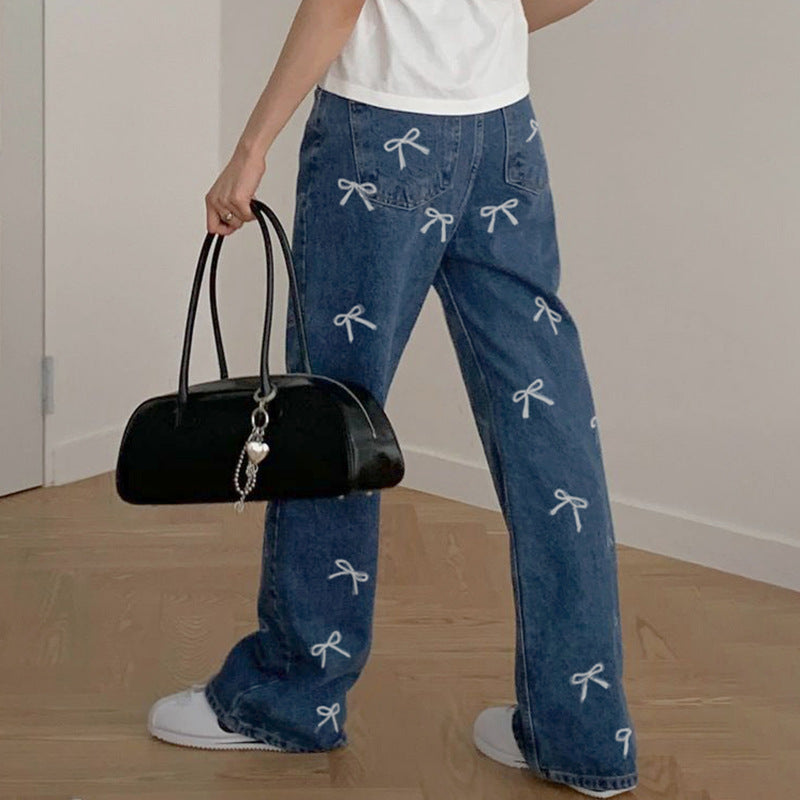 Cute Bow Print Baggy Jeans - Trendy Denim Chic