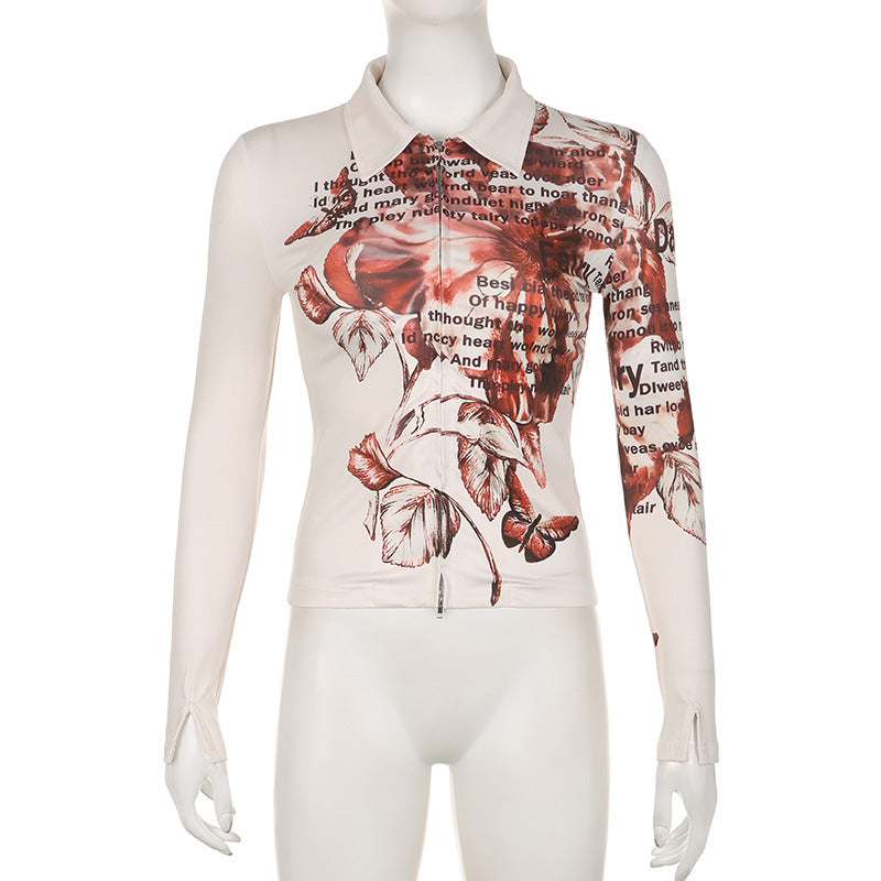 Street Hipster Graphic Print Long Sleeve Slim Fit Polo Collar Zipper Crop Top