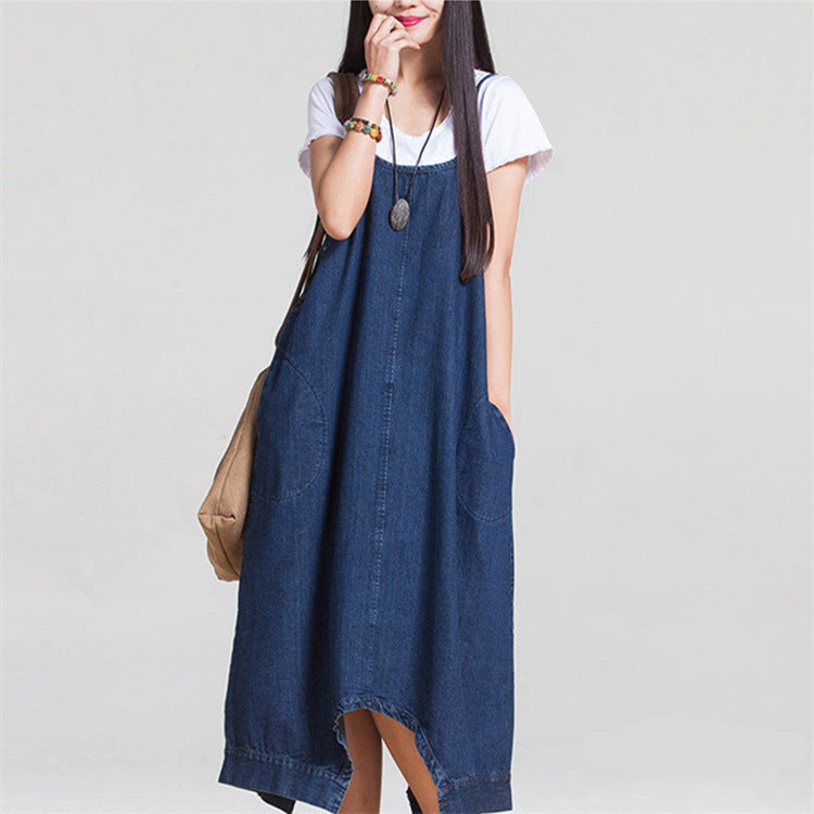 Comfortable Loose Fit Denim Overalls Midi Dress with Pockets for Everyday Wear