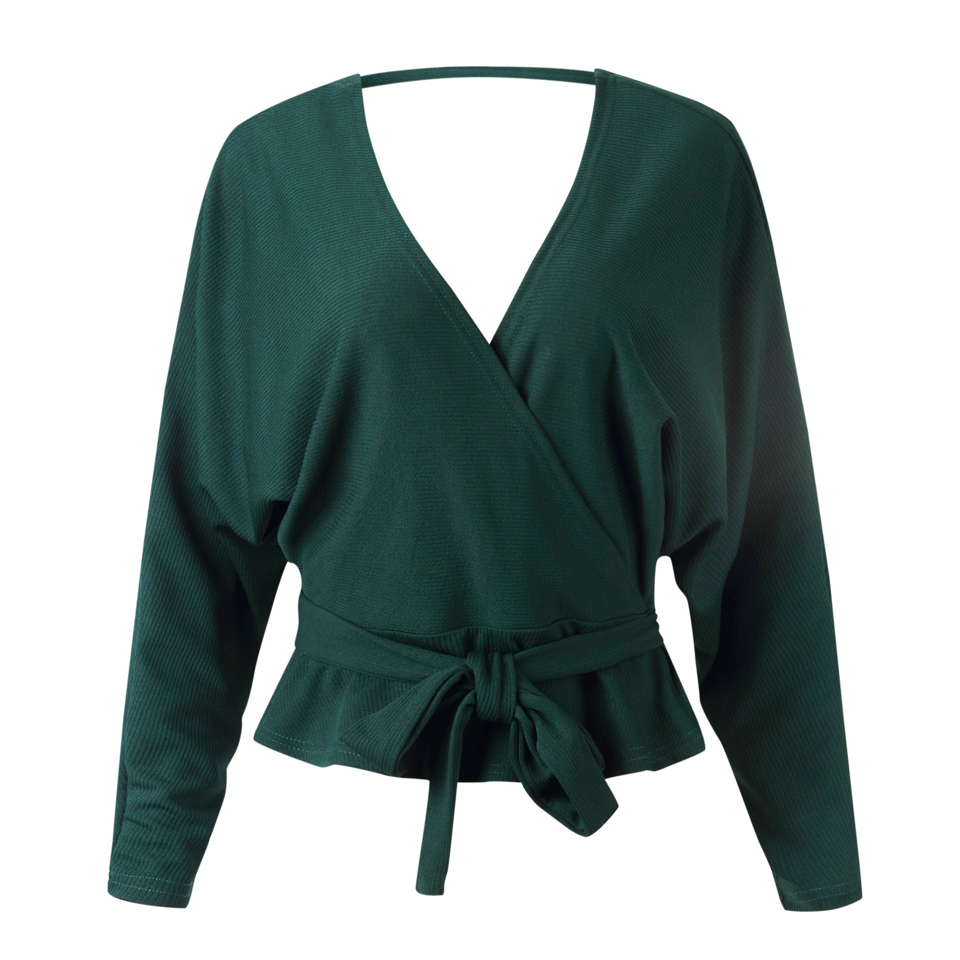 Elegant V-Neck Crossover Knit Wrap Top with Tie Waist