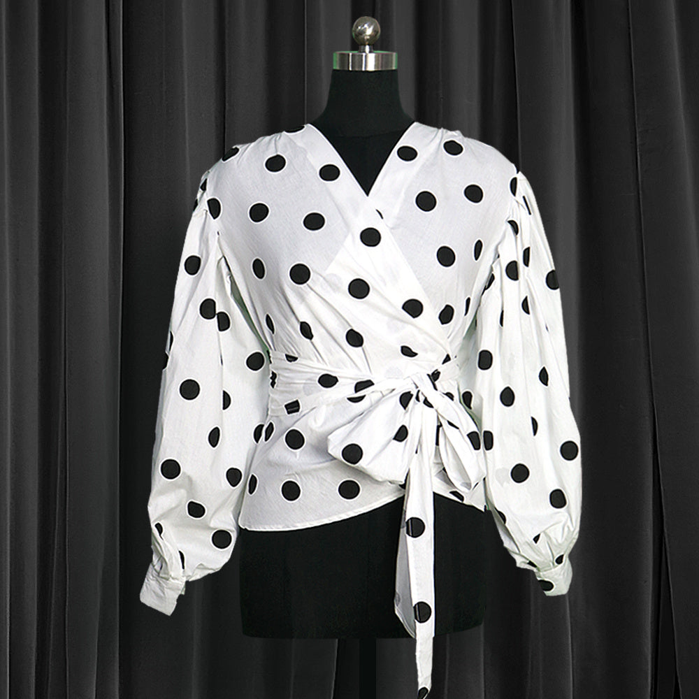 Chic Polka Dot Wrap Blouse with Puff Sleeves - Women's Long Sleeve Top