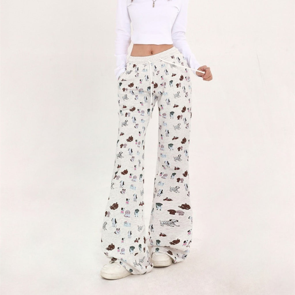 Cozy Elastic Waist Printed Cotton Sweatpants with Dog Print