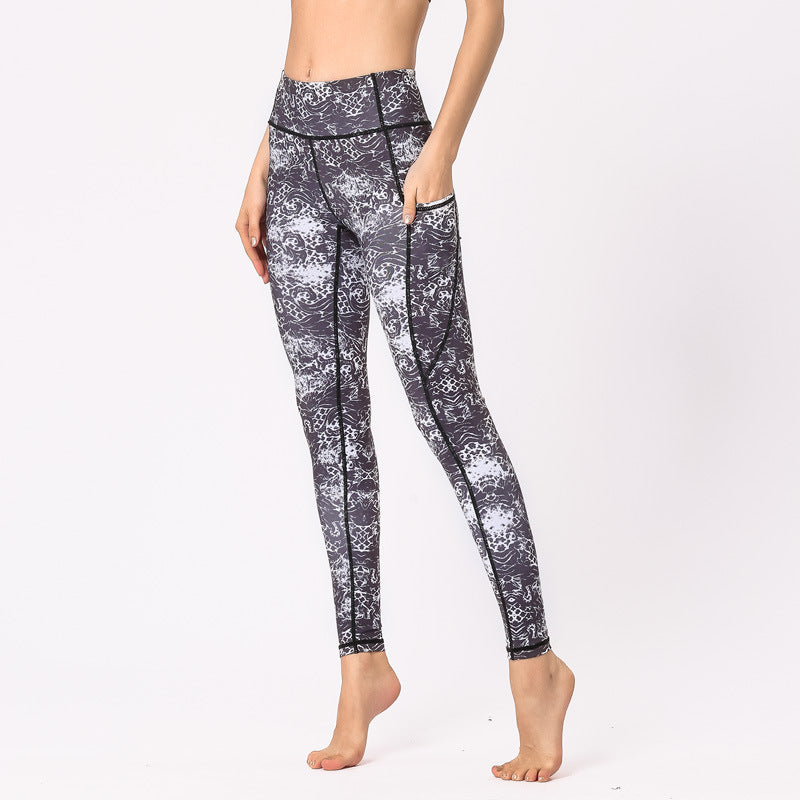 Moisture Wicking High Waisted Printed Fitness Leggings with Side Pockets