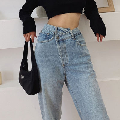 Retro Asymmetric Waist Straight Leg Jeans - Modern Street Style Denim