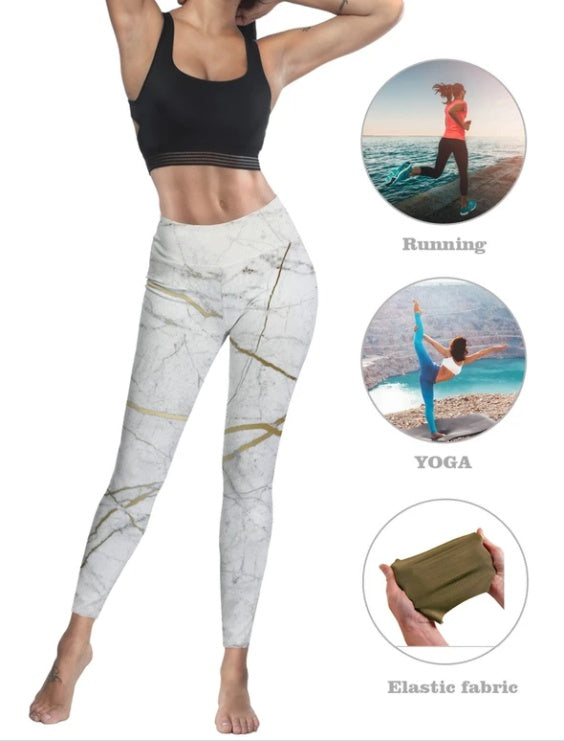 Stylish High Waist Marble Print Leggings with Golden Vein Detail