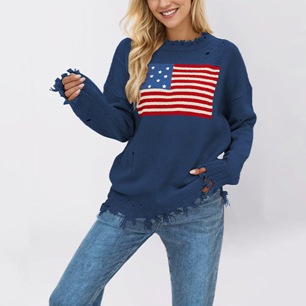 Loose Fit Distressed American Flag Knit Pullover Sweater
