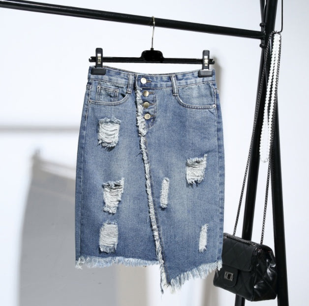 Casual Ripped Denim Skirt with Asymmetric Hem and Distressed Details