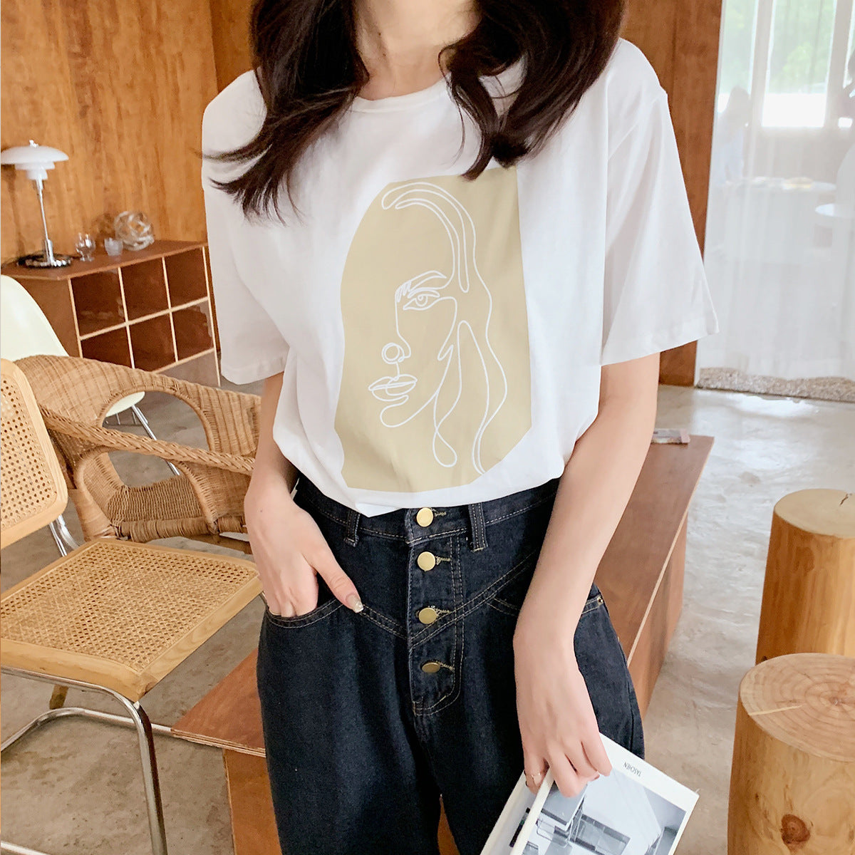 Abstract Line Art Cotton T-Shirt | Modern Women's Graphic Tee