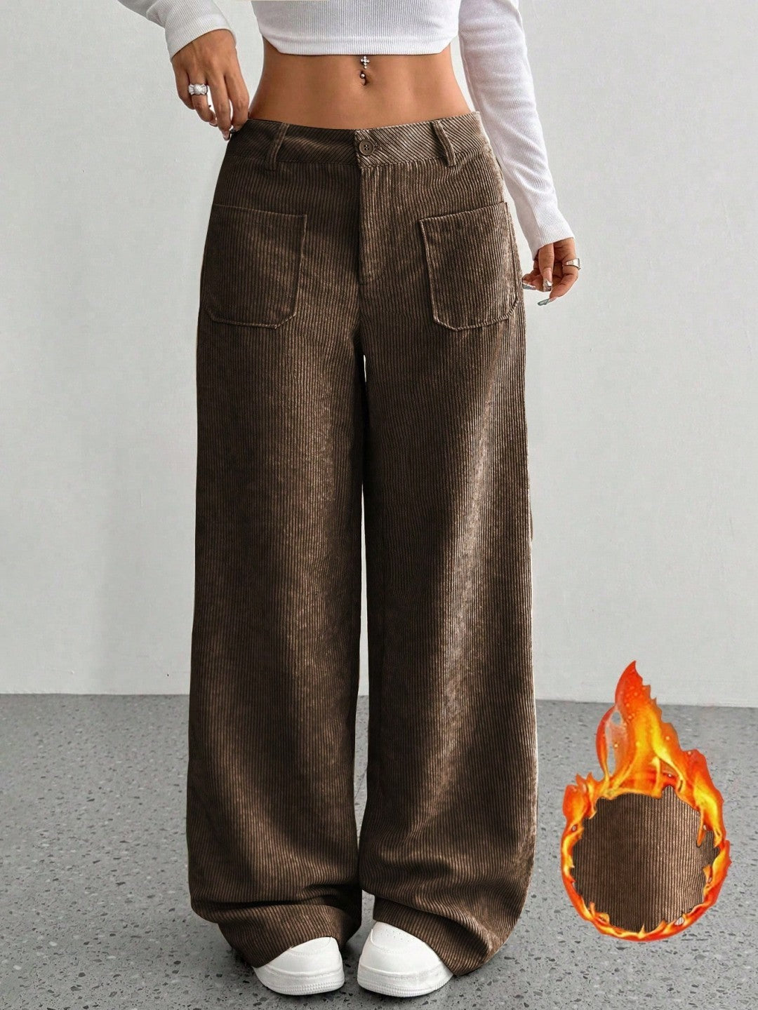 Chic Corduroy Wide Leg Pants with Pockets - Loose Fit Street Style