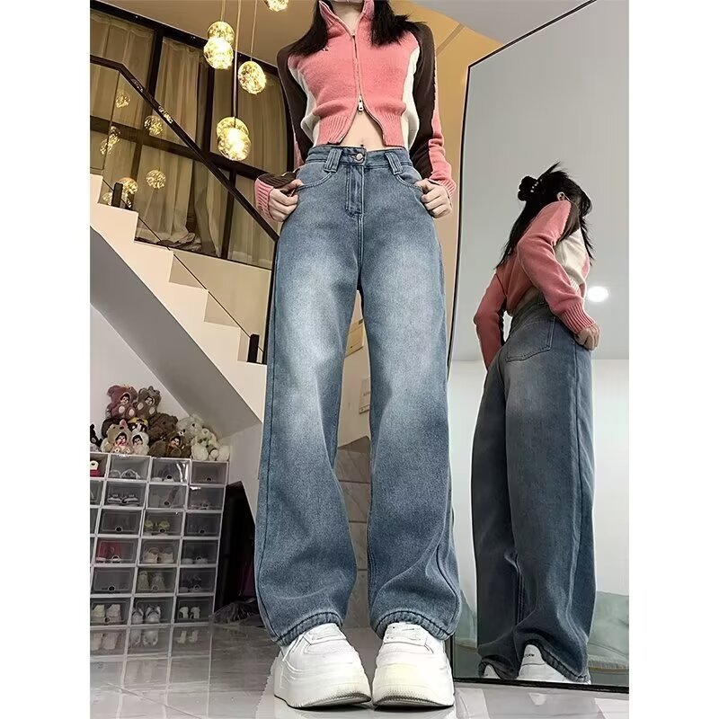 Cozy Fleece-Lined High Waist Baggy Jeans for Women