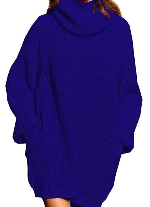 Cozy Oversized Long Sleeve High Neck Knit Sweater Dress with Convenient Pocket