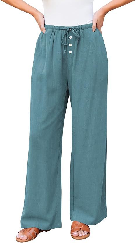 Women's High Waist Wide Leg Cotton Pants with Drawstring