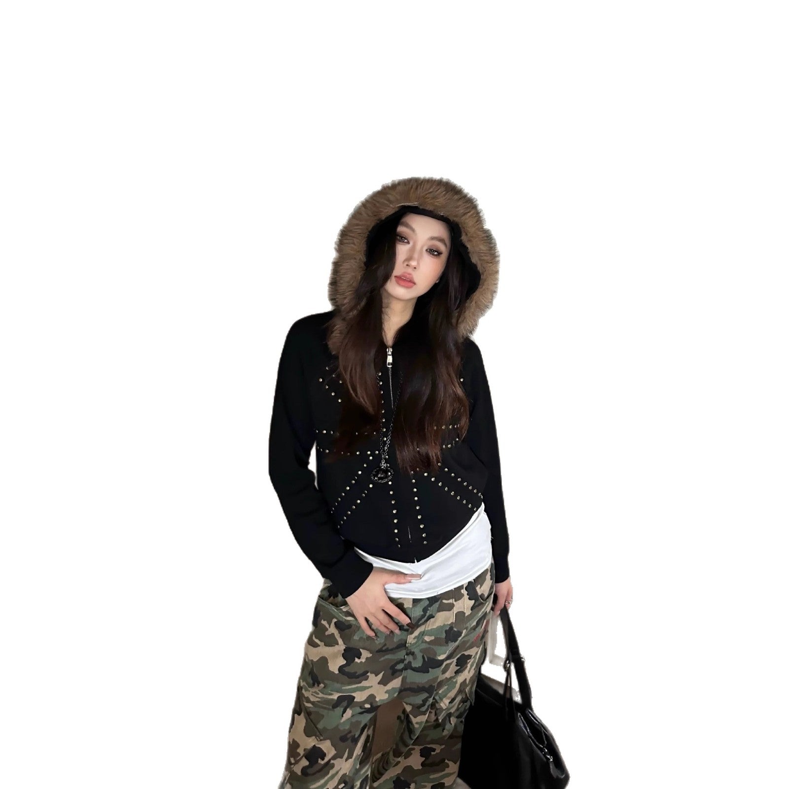 Trendy Studded Full Zip Hoodie with Faux Fur Trim and Pockets