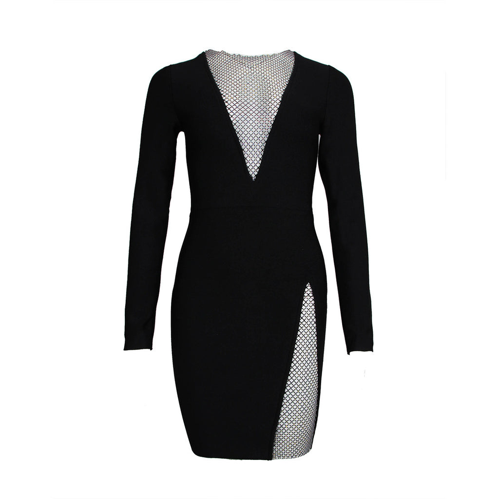 Sleek Black Long Sleeve Party Mini Dress with Dazzling Mesh Detail