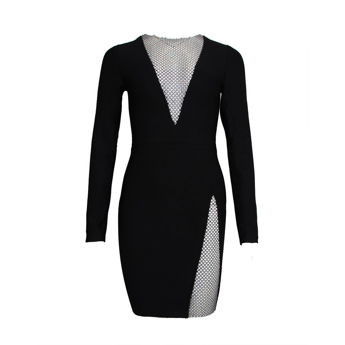 Sleek Black Long Sleeve Party Mini Dress with Dazzling Mesh Detail