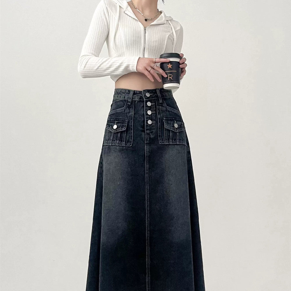 Fashionable Gradient A Line Denim Maxi Skirt with Front Buttons
