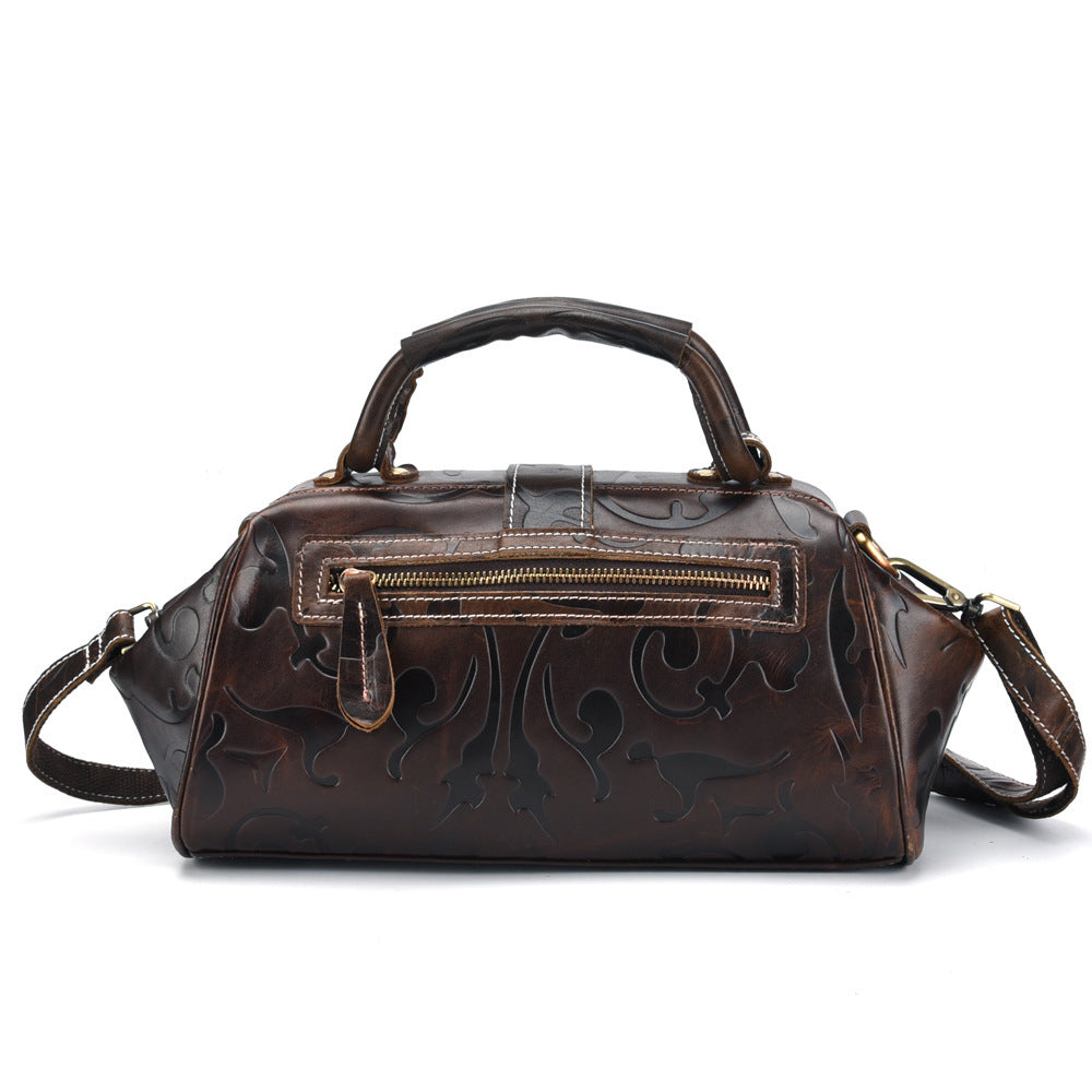 Elegant Retro Embossed Leather Satchel Bag with Secure Buckle and Adjustable Strap