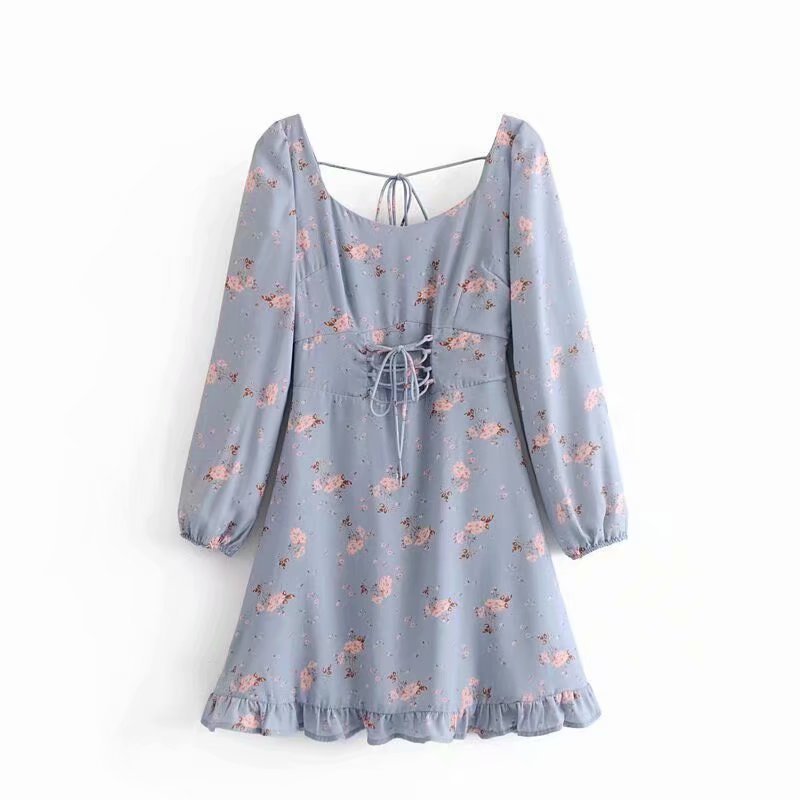 Chic Floral Ruffled Mini Dress with Sweetheart Neckline & Tie-Front Detail