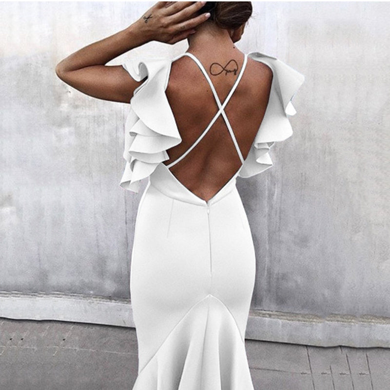 Elegant White V-Neck Backless Mermaid Evening Dress with Ruffle Details
