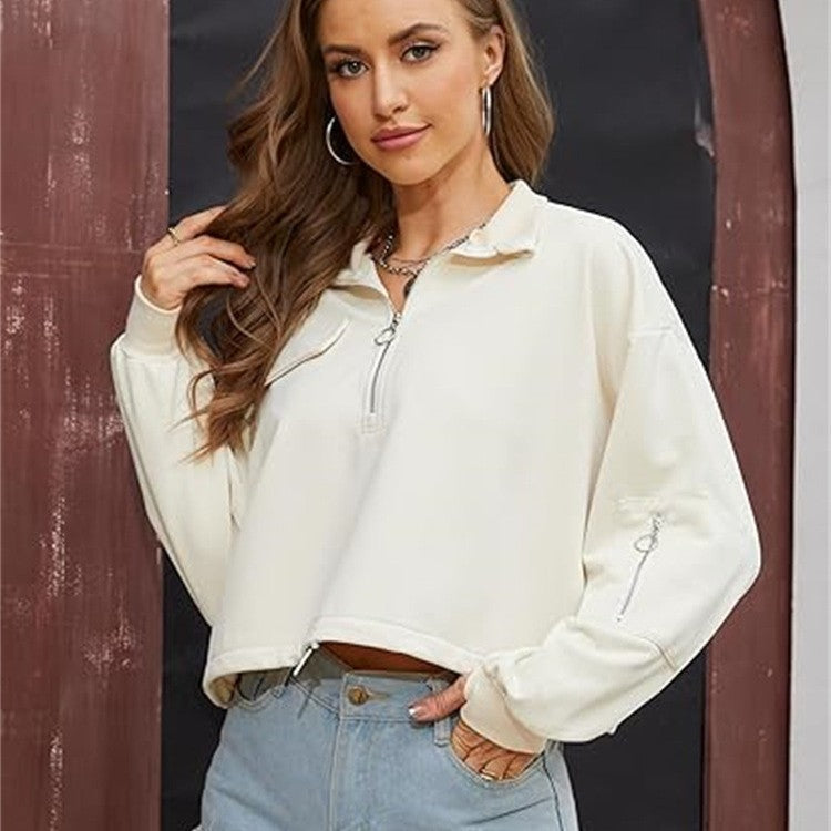 Comfortable Everyday Long Sleeve Cropped Half-Zip Sweatshirt