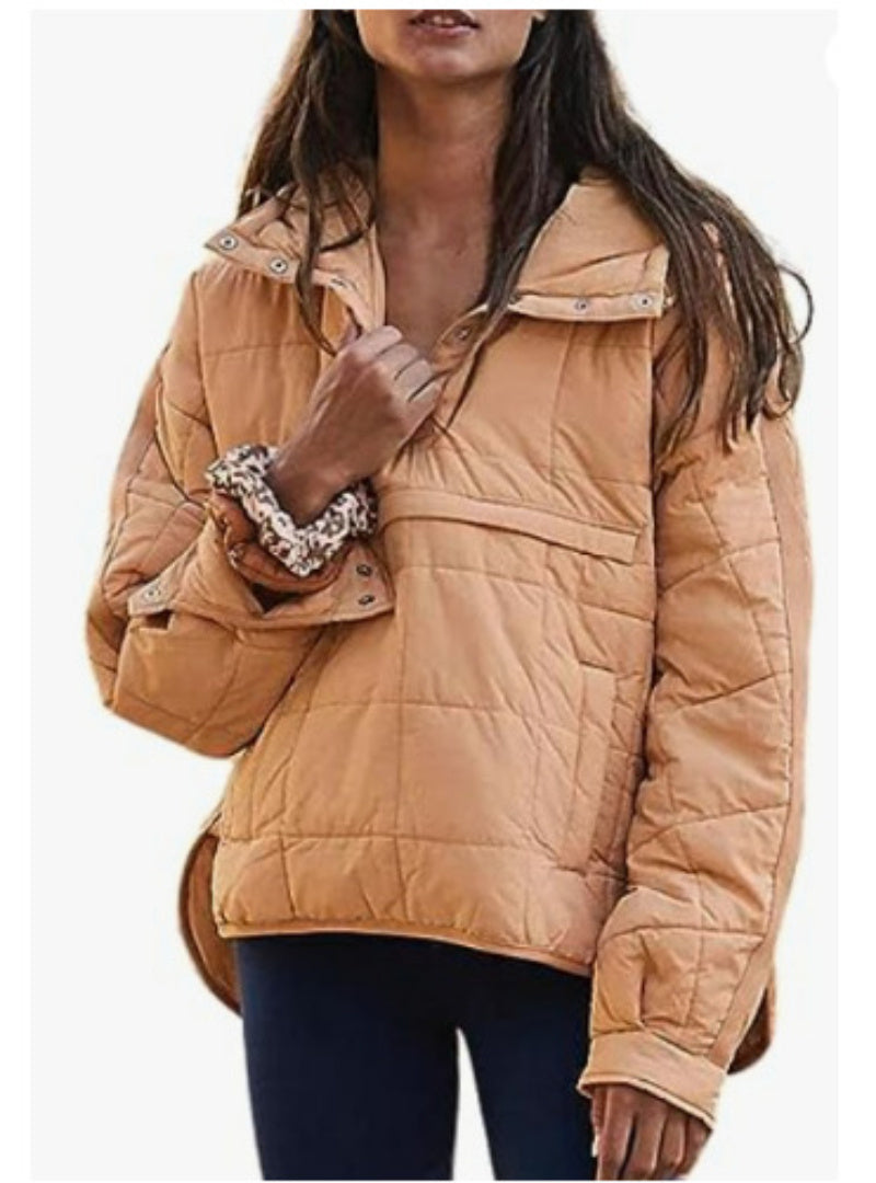 Relaxed Fit Quilted Hooded Long Sleeve Pullover Snap Button Top