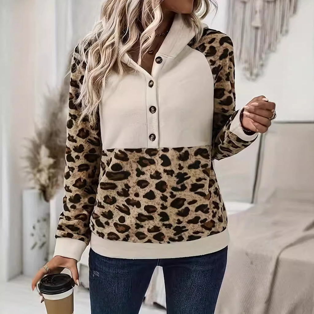 Stylish Leopard Print Color Block Casual Hooded Pullover Sweatshirt