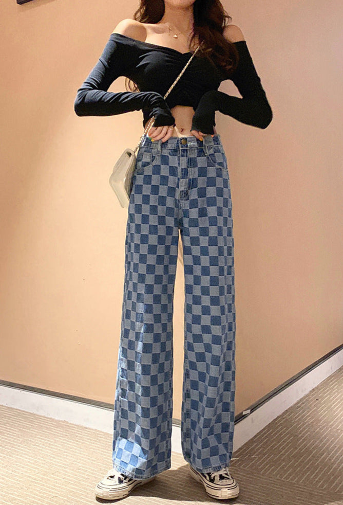 Retro Checkerboard Wide-Leg Jeans